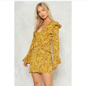 Nasty Gal Mustard Yellow Floral Dress with Long Sleeves and Ruffles